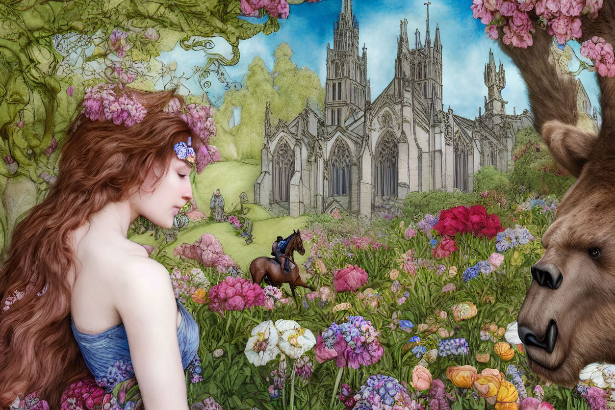 Illustration of woman with floral adornments in flower-filled scene with cathedral and whimsical creature.