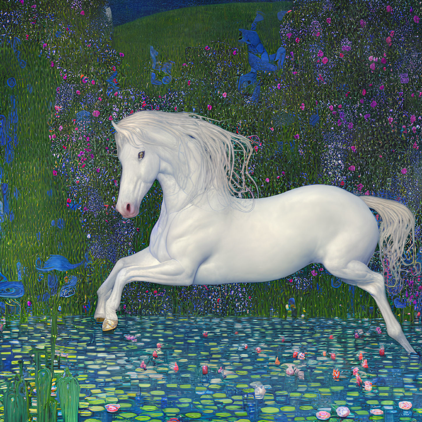 Whimsical white horse in Van Gogh-style landscape
