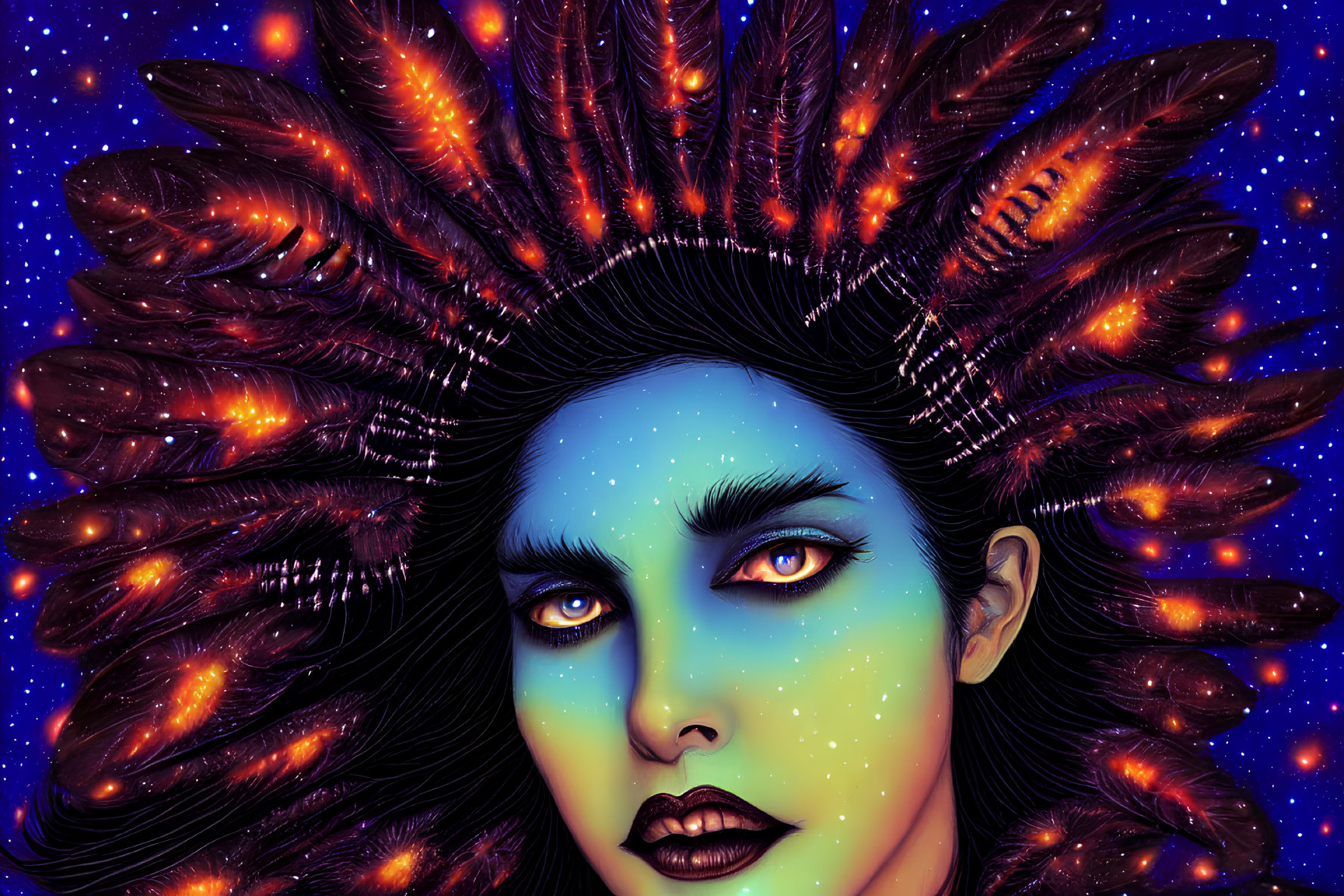 Woman with Radiant Crown in Cosmic Colors and Glowing Eyes