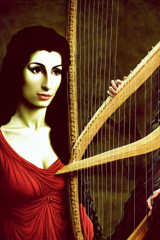 Woman in Red Dress Playing Harp Against Textured Background