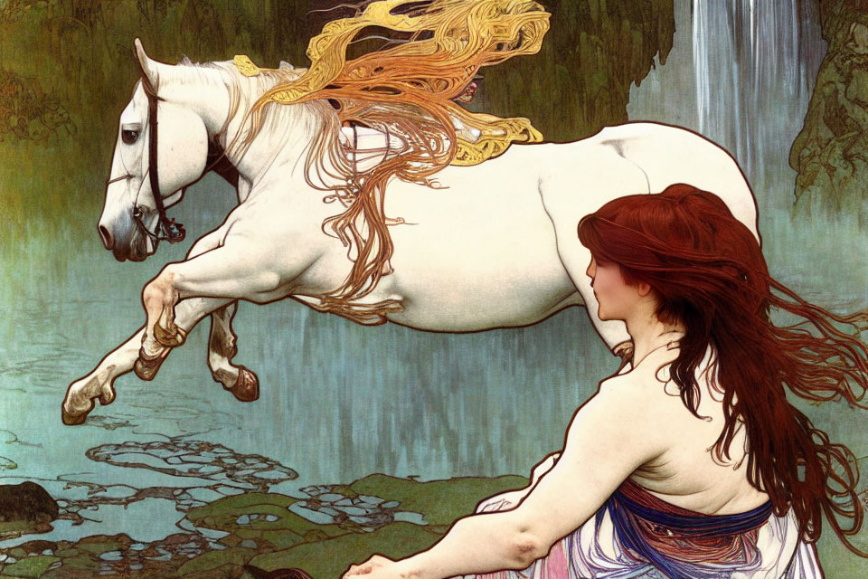 Long Red-Haired Woman Watching White Horse by Stream