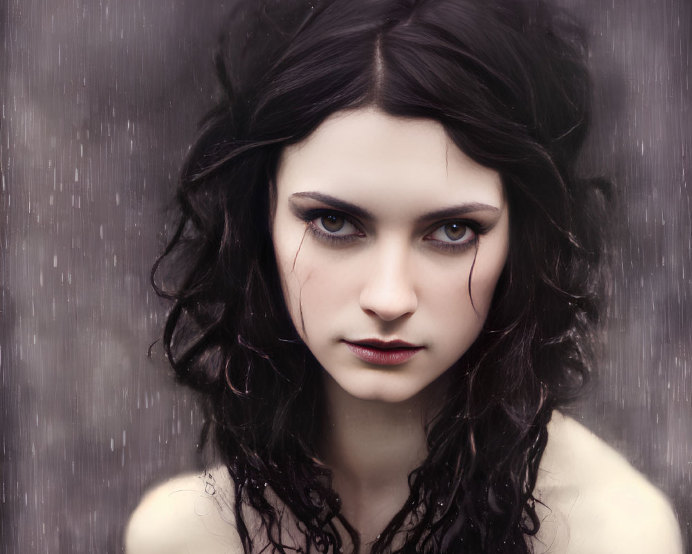 Dark-haired woman with intense eyes in blurred rain-like setting