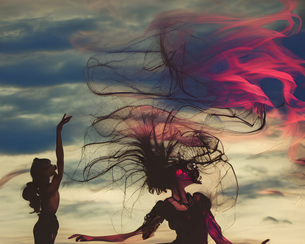 Two women dancing outdoors with flowing hair and colorful smoke-like dresses under a dramatic sky