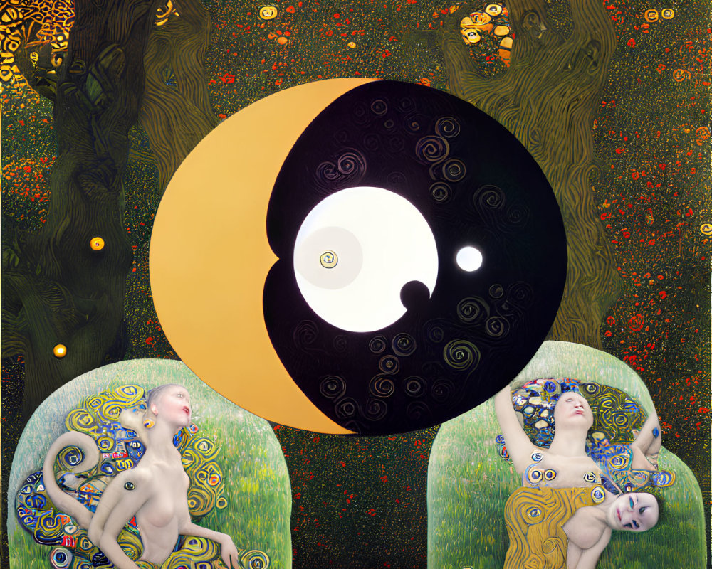 Surrealistic painting featuring yin-yang symbol, two figures, swirling trees, and star