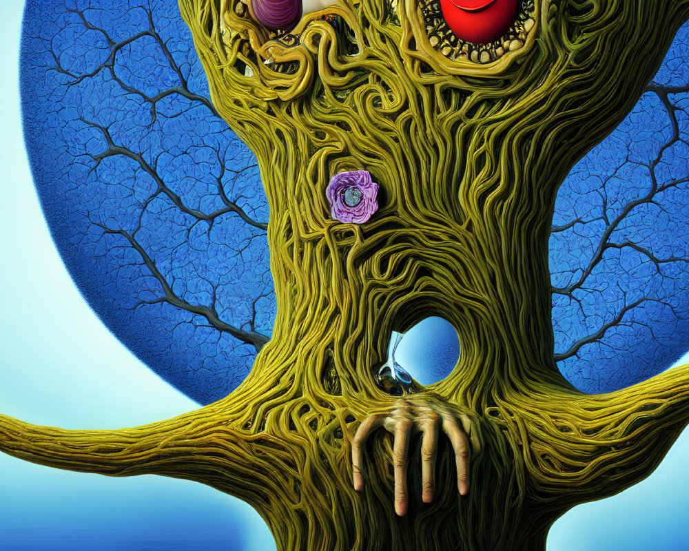 Surrealist digital artwork of anthropomorphic tree with hand and eye