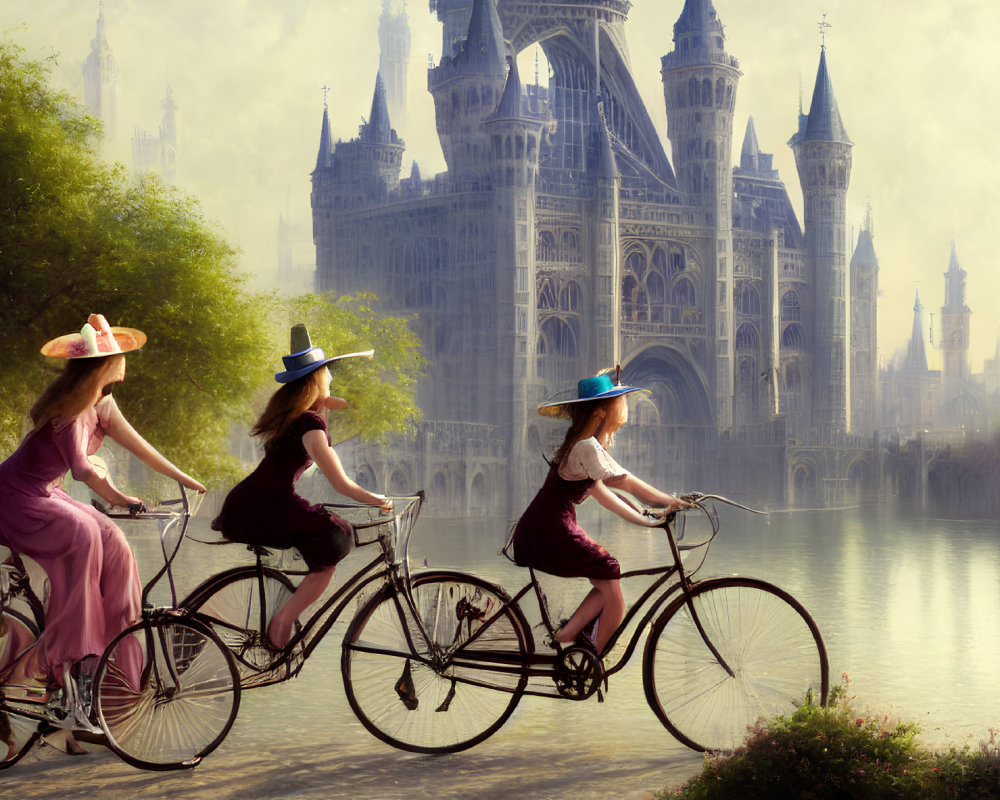 Vintage dresses and hats: Three women on bicycles near misty castle