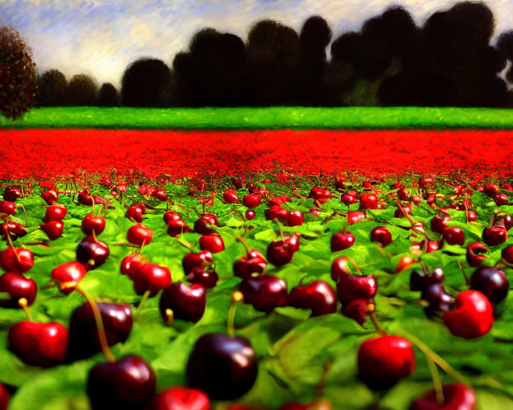 Scenic landscape with red cherries and poppy field under blue sky
