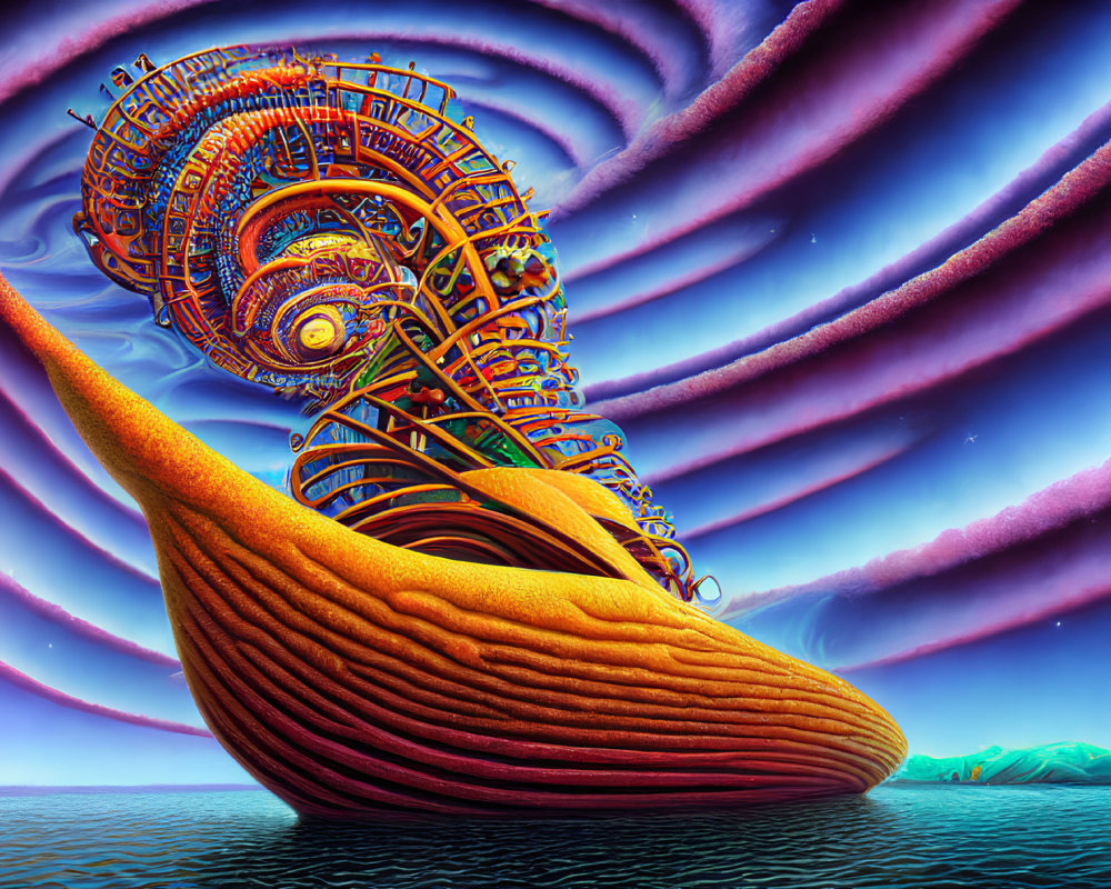 Colorful surreal artwork: boat-like orange structure with maze-like elements on swirling skies and calm waters