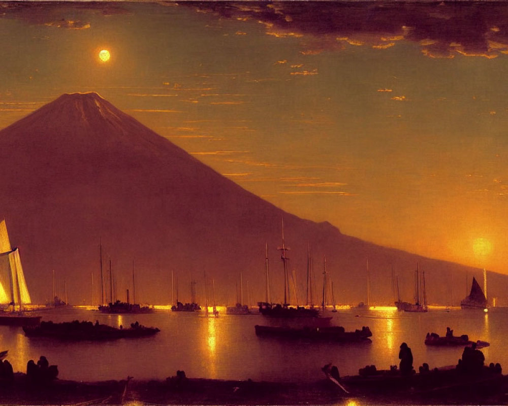 Harbor painting with boats, volcano, and moonlit sky