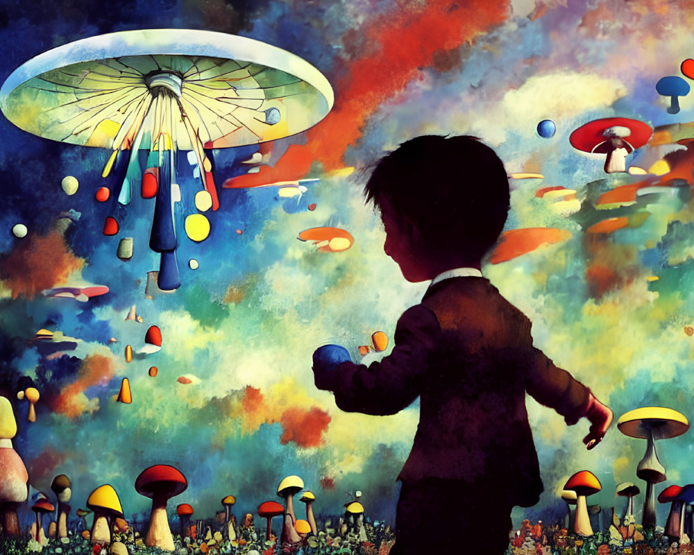 Silhouetted child surrounded by colorful mushrooms and flying saucers in twilight scene