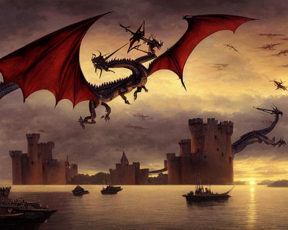 Dragons flying over medieval castle and ships at sea at sunset