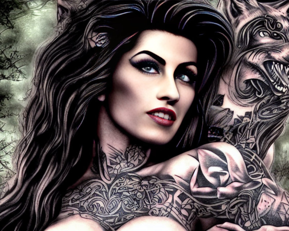 Stylized portrait of woman with tattoos and wolf in black, grey, and red palette