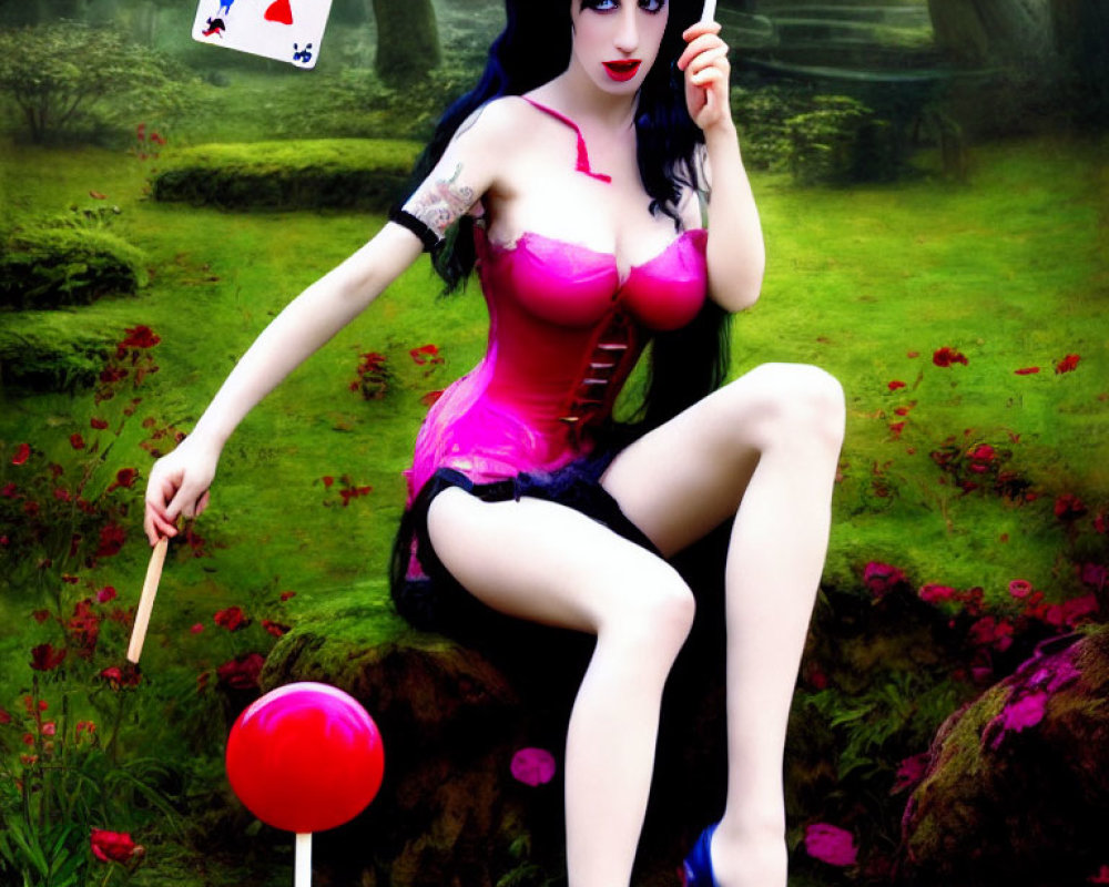 Whimsical forest scene with stylized woman holding lollipops