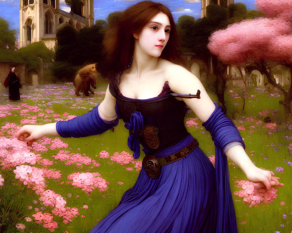 Woman in Blue Dress Surrounded by Flowers and Cathedral Background