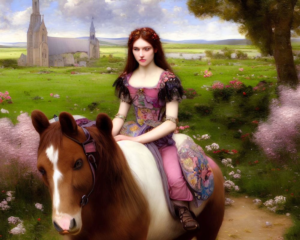 Red-haired woman in medieval dress rides horse in blooming meadow with church