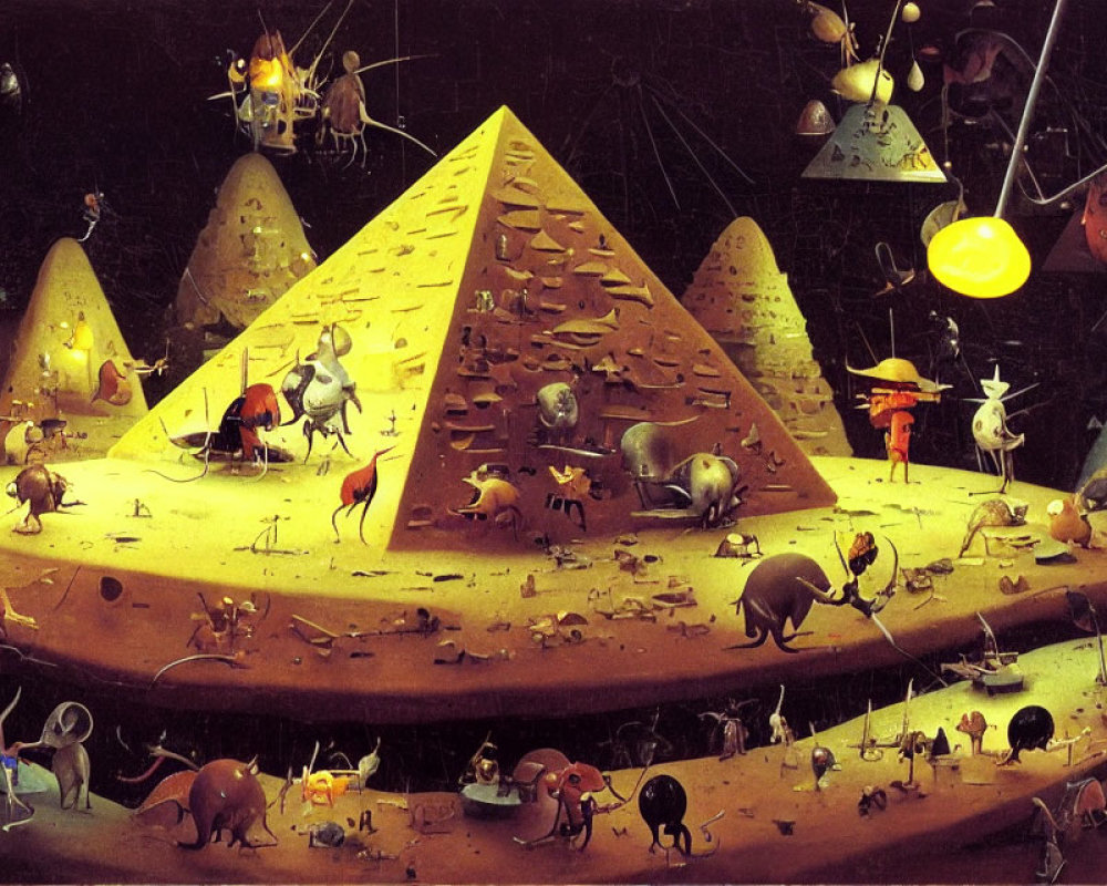 Surreal anthropomorphic creatures around large pyramid with light bulbs