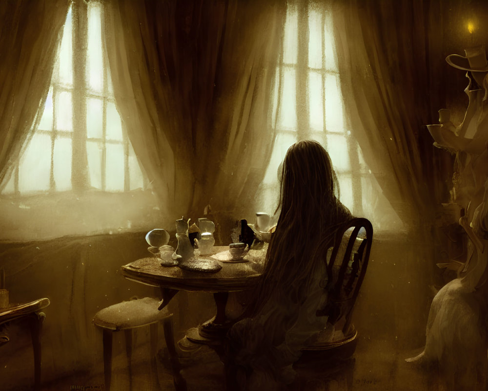Dimly-lit room with heavy drapes, person at table with ghostly figure - mysterious ambiance