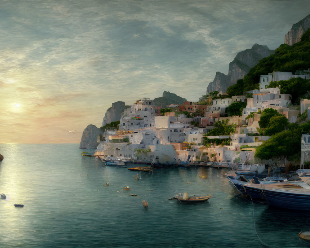 Coastal village sunset scene with white buildings, boats, and cliffs