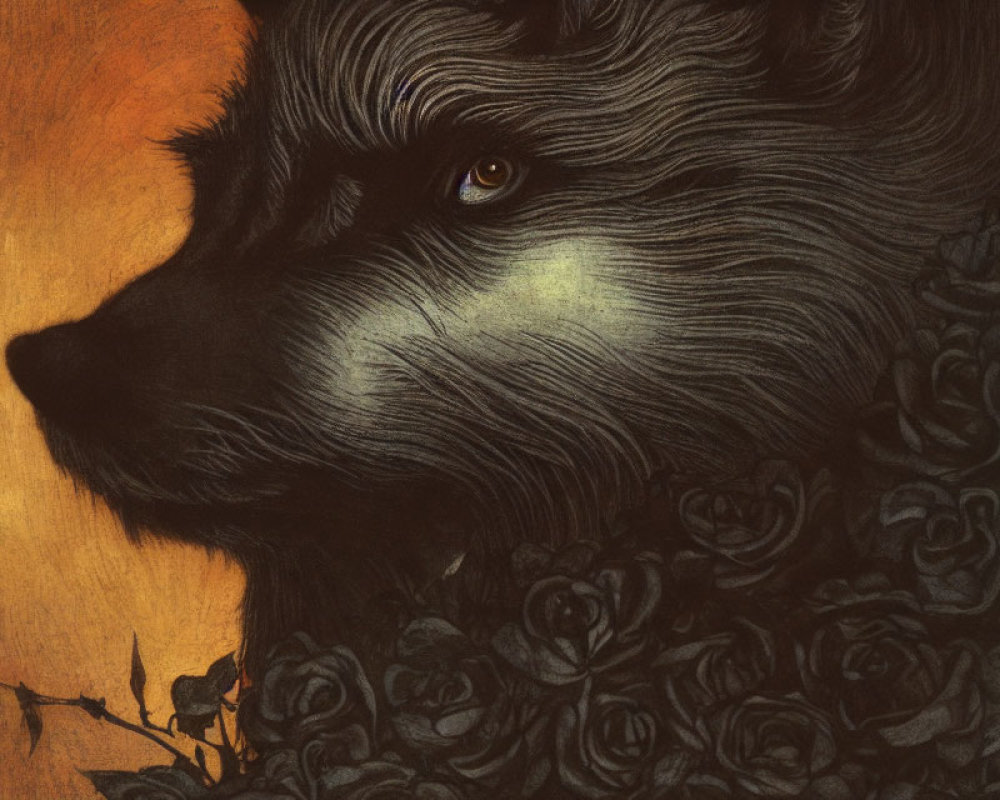 Detailed Wolf Illustration Surrounded by Dark Roses
