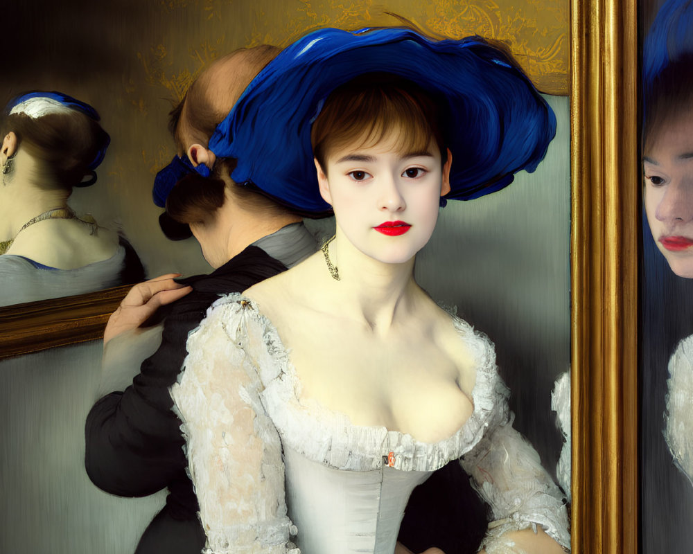 Woman in White Dress and Blue Hat Standing Before Mirror