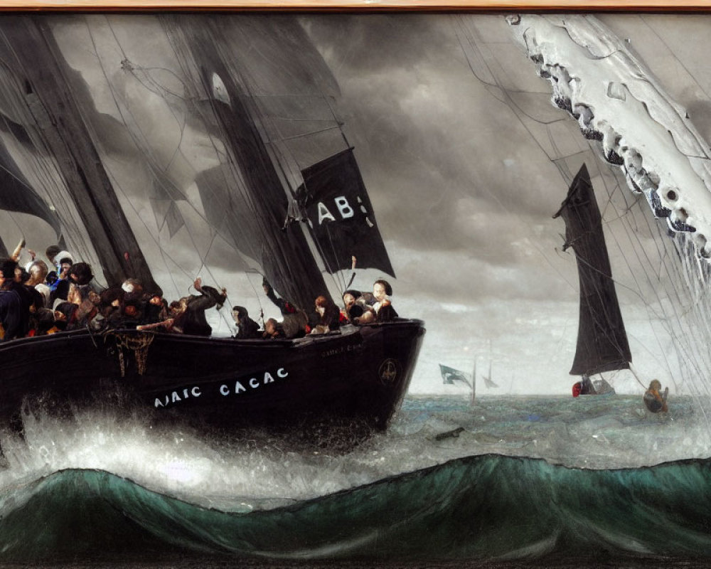 Crowded sailing vessel in turbulent waters with intense skies