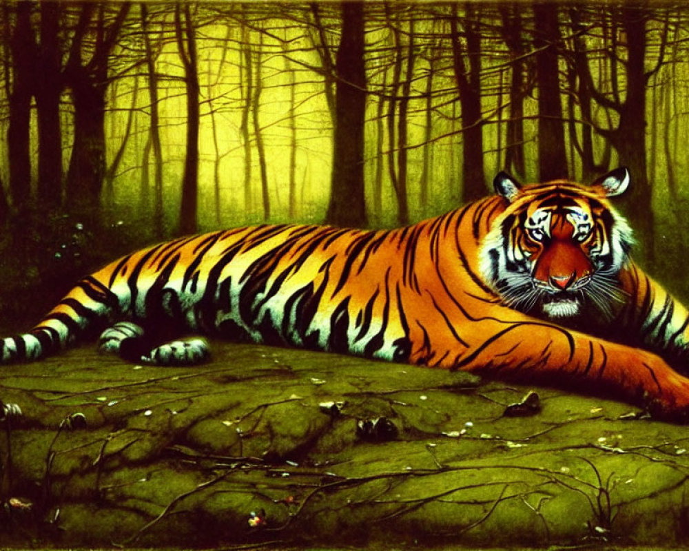 Colorful Tiger Resting in Forest Setting with Tall Trees