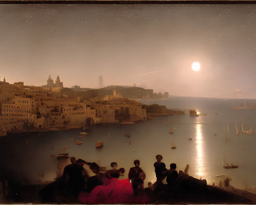 People admiring moonlit harbor with boats, calm water, illuminated town, and starry sky