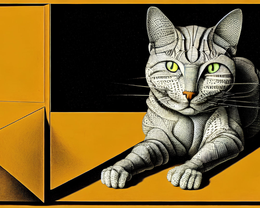 Stylized cat illustration with intricate line patterns on fur against yellow and black background