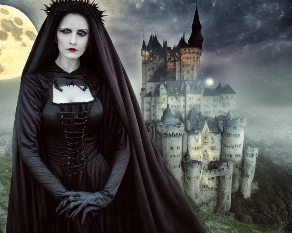 Gothic figure in black attire at castle under full moon