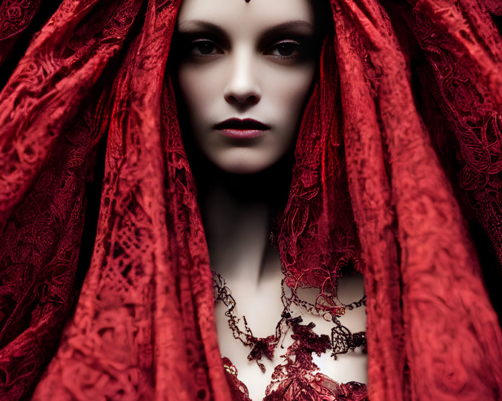 Intense gaze of woman in red lace shawl with forehead piece