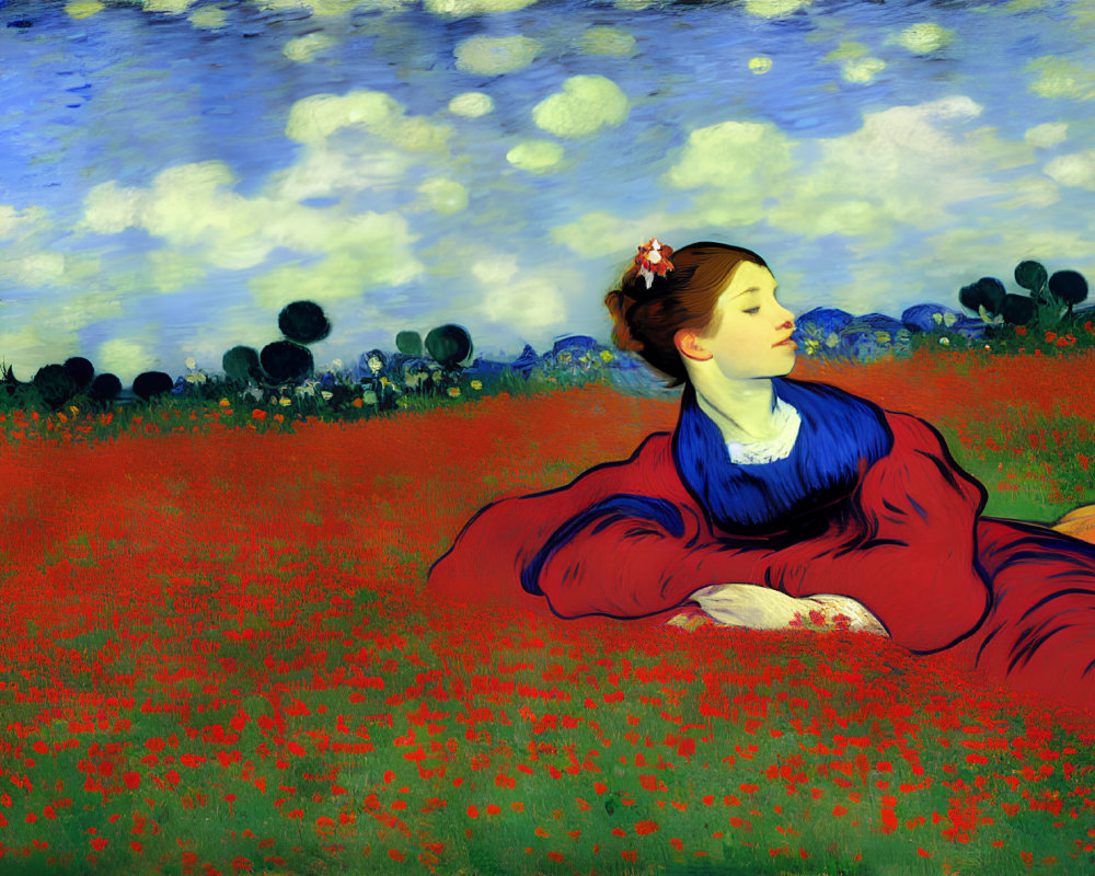 Vibrant red dress woman reclining in field of red flowers