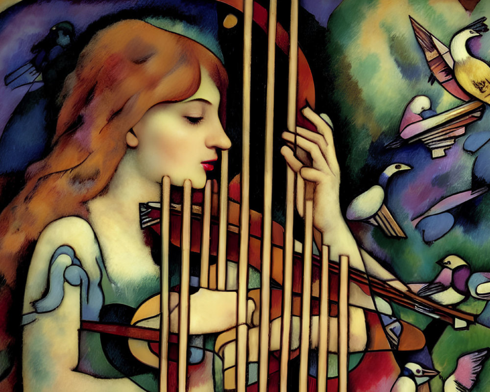 Colorful illustration of woman playing stringed instrument with birds and abstract elements