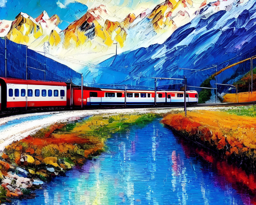 Colorful painting of red and white train in snowy mountain landscape