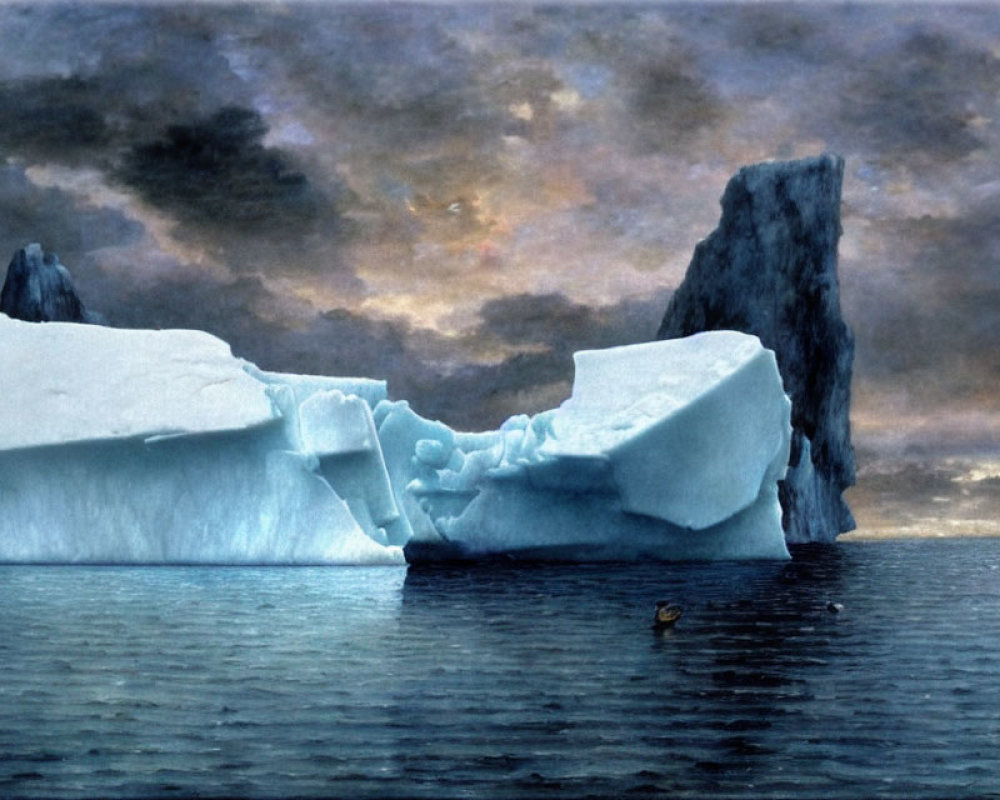 Iceberg floating on calm waters under dramatic sunset sky with cliffs and bird.