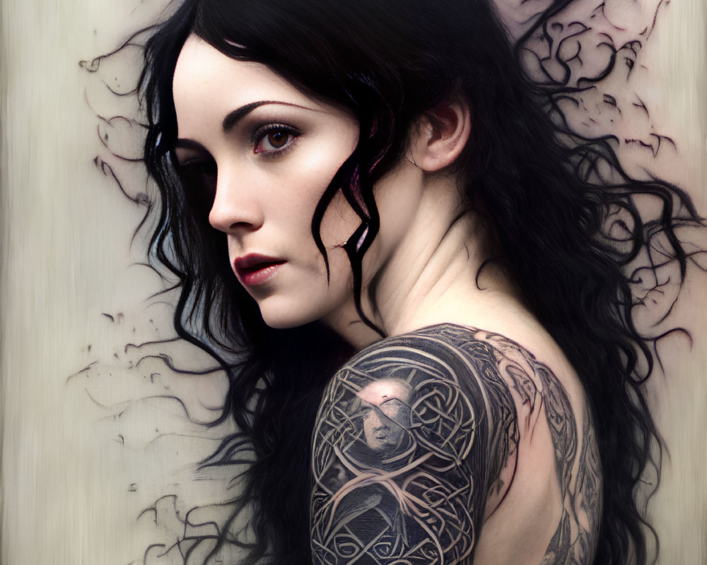 Detailed sleeve tattoo on woman with flowing dark hair