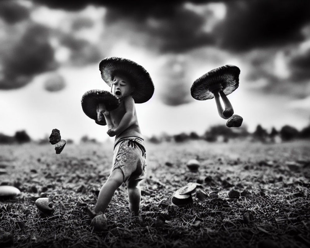 Child in hat holds mushrooms under dramatic sky in mushroom-filled field