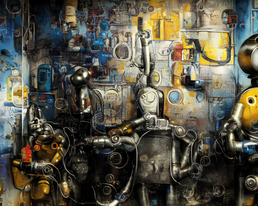 Colorful robots in industrial setting with blue and yellow tones