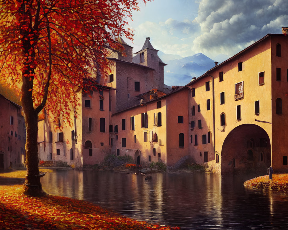 Historic orange buildings by river with autumn tree and distant mountains