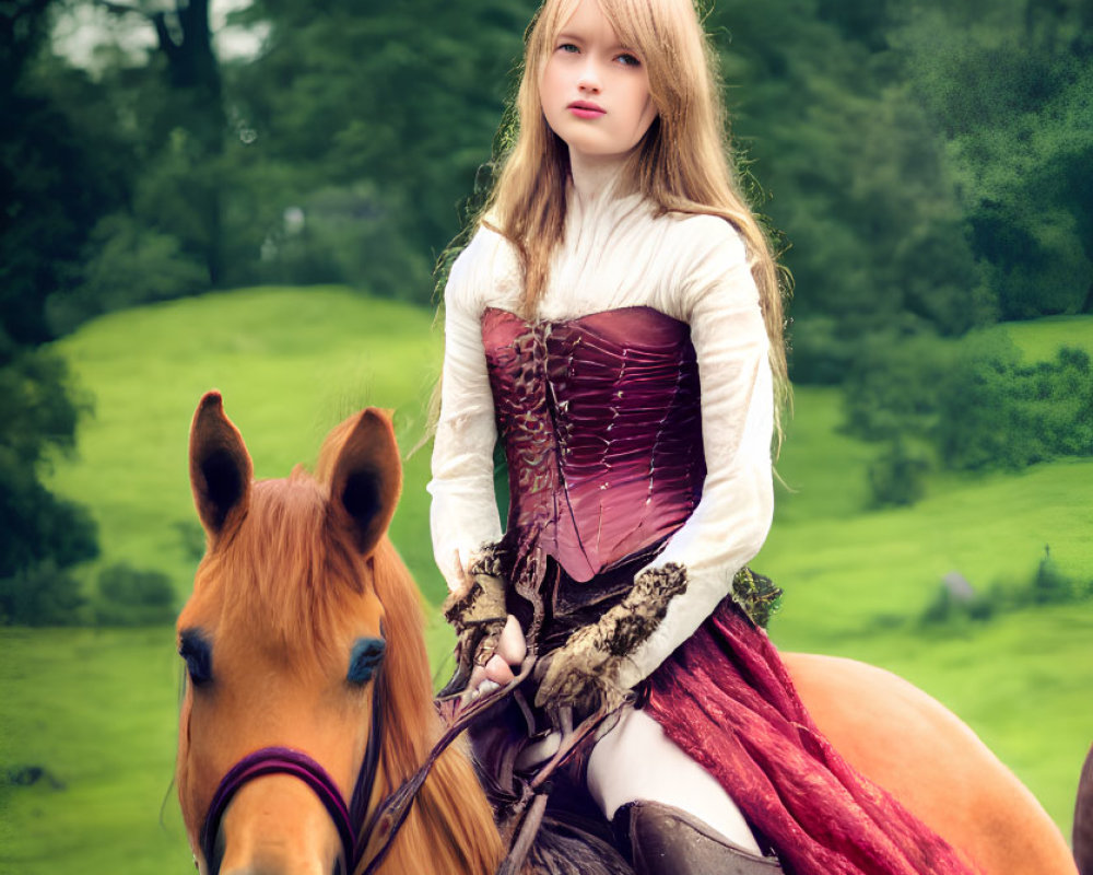 Blonde person in white blouse and red corset on brown horse in green field