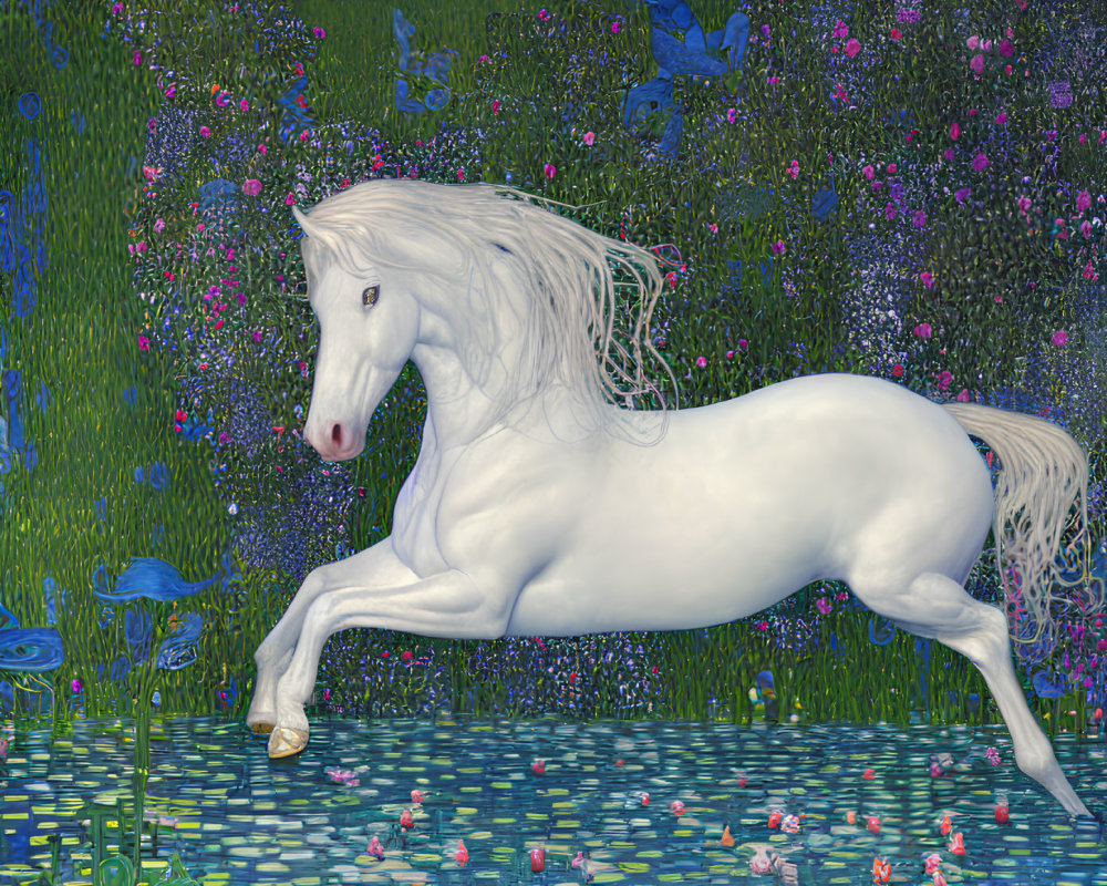 Whimsical white horse in Van Gogh-style landscape