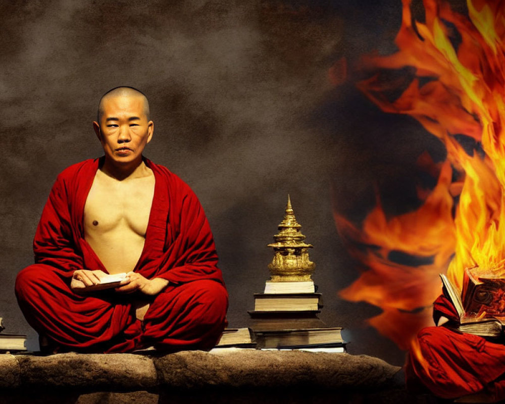 Bald person meditating near fire and pagodas in red robe