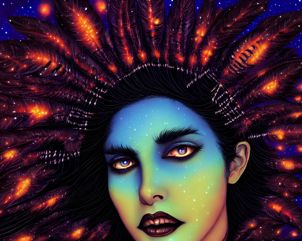 Woman with Radiant Crown in Cosmic Colors and Glowing Eyes