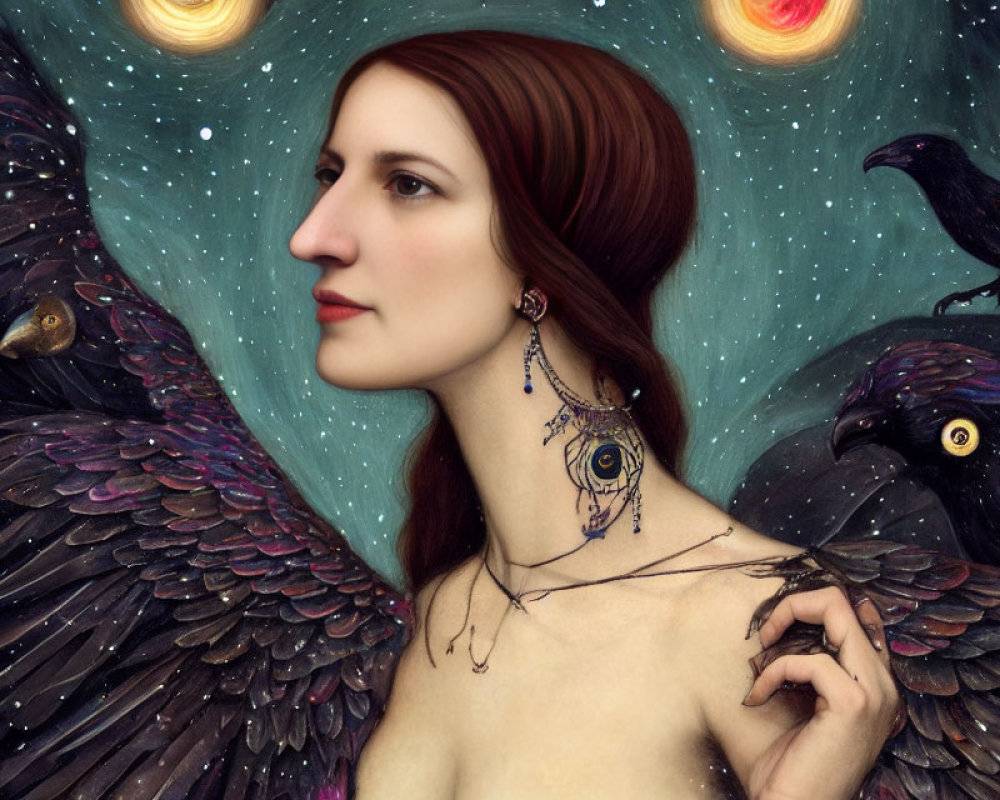Surreal portrait of a woman with dark angelic wings and celestial backdrop
