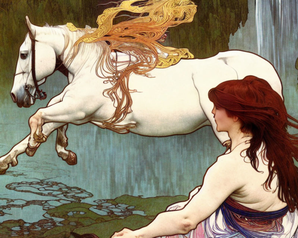 Long Red-Haired Woman Watching White Horse by Stream