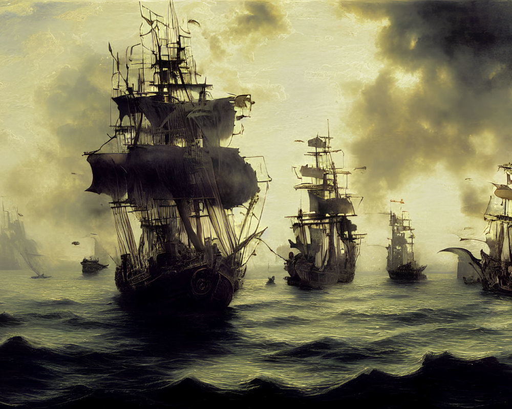 Tall ships with billowing sails in dark, stormy seas
