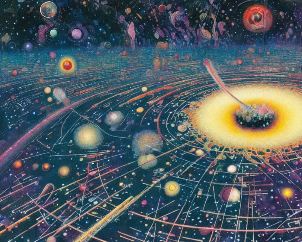 Colorful Cosmic Illustration Featuring Black Hole and Celestial Objects
