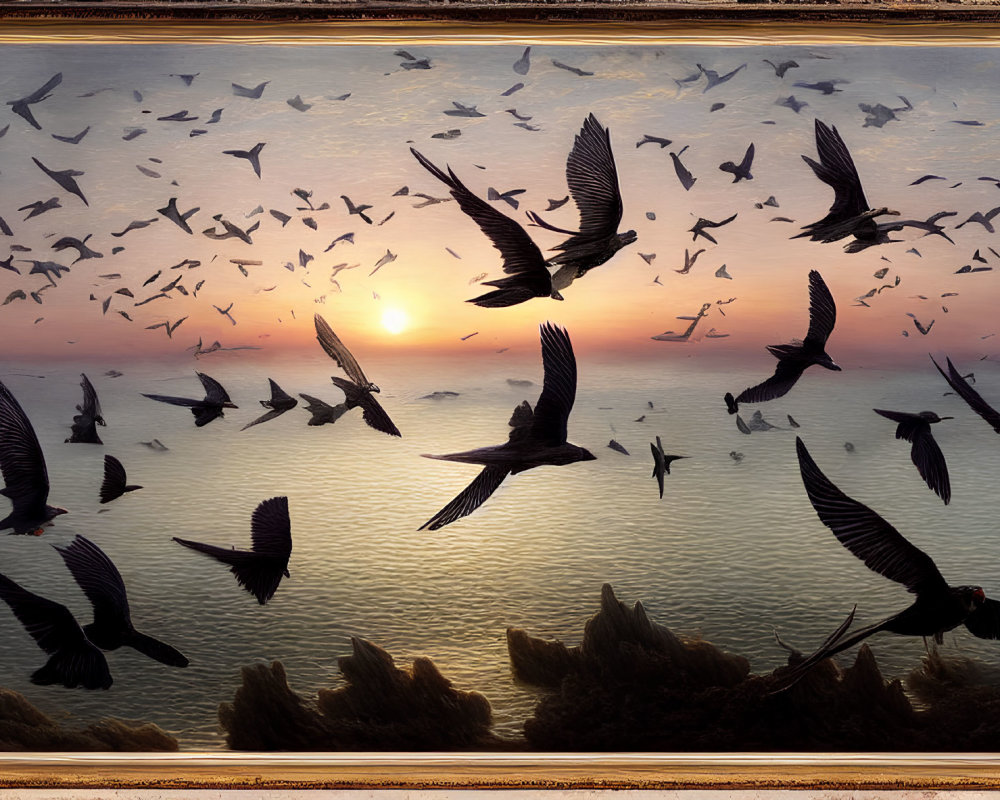 Birds flying over sea at sunset with sun reflecting on water