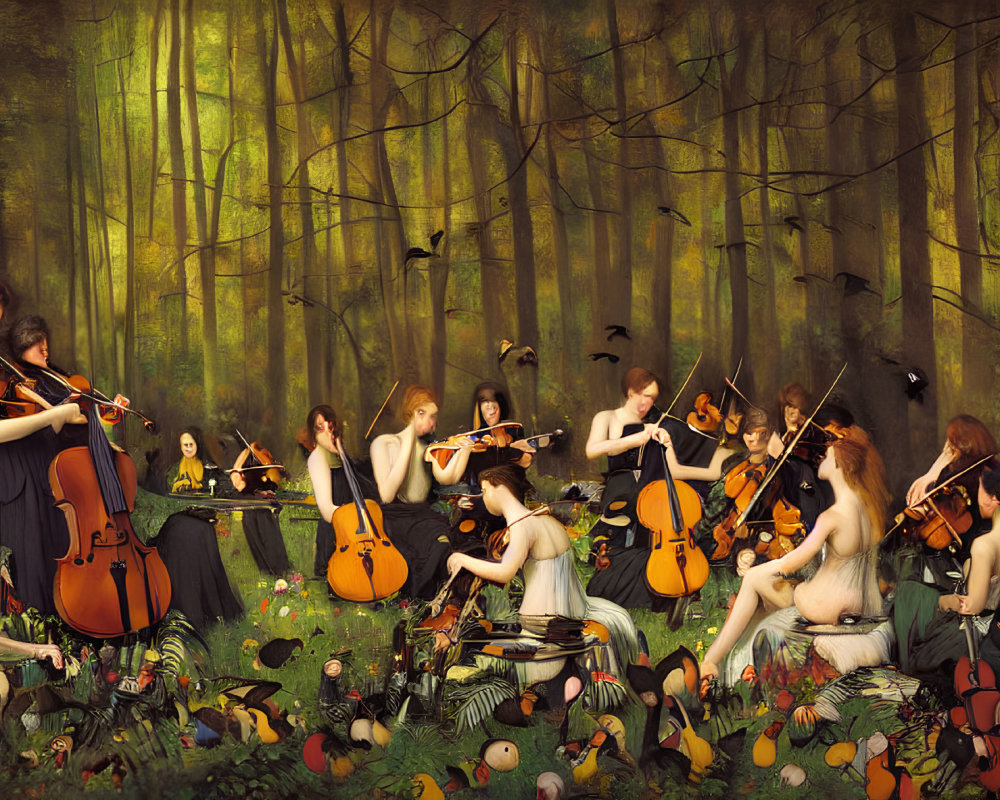 Ethereal women playing string instruments in whimsical forest