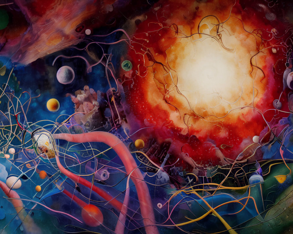 Colorful Abstract Painting of Cosmic Scene with Celestial Bodies and Glowing Orb