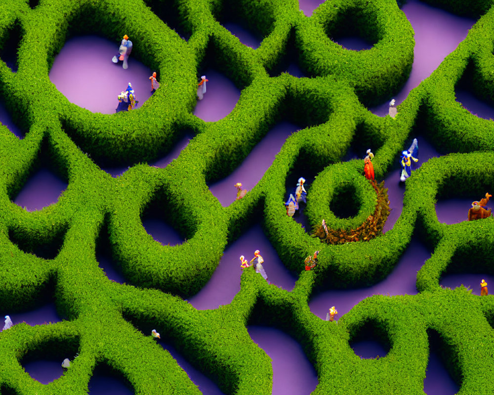 Green hedge maze with scattered people on purple background